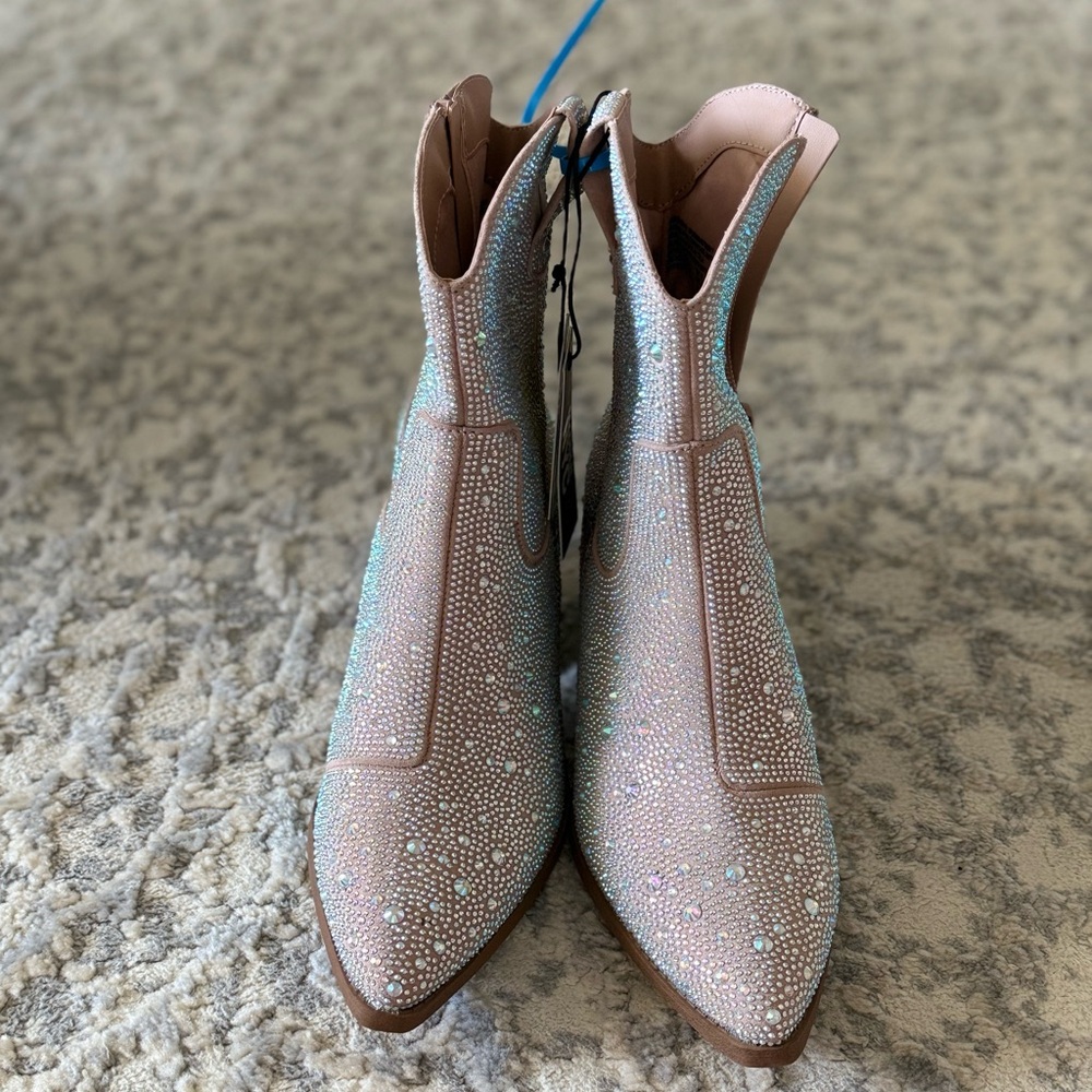 Stylish Rhinestone Women's Ankle Boots in Tan